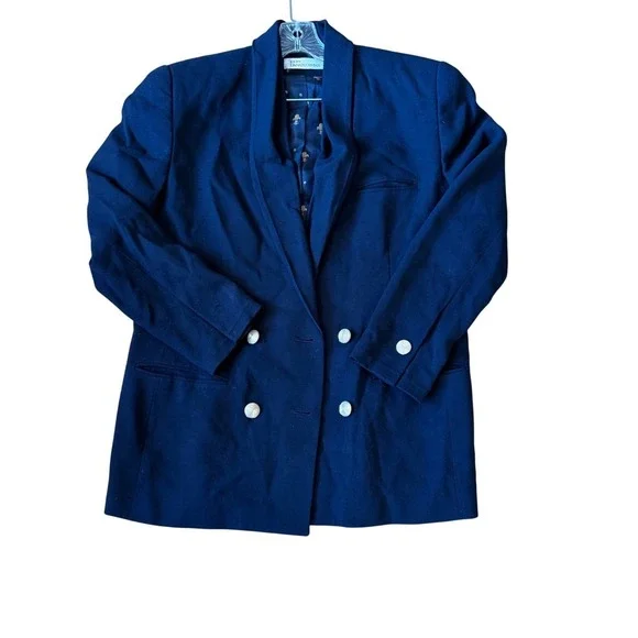 DANA BUCHMAN Navy Wool Double Breasted Blazer Shawl Collar Elegant Women's 14 - Picture 2 of 8